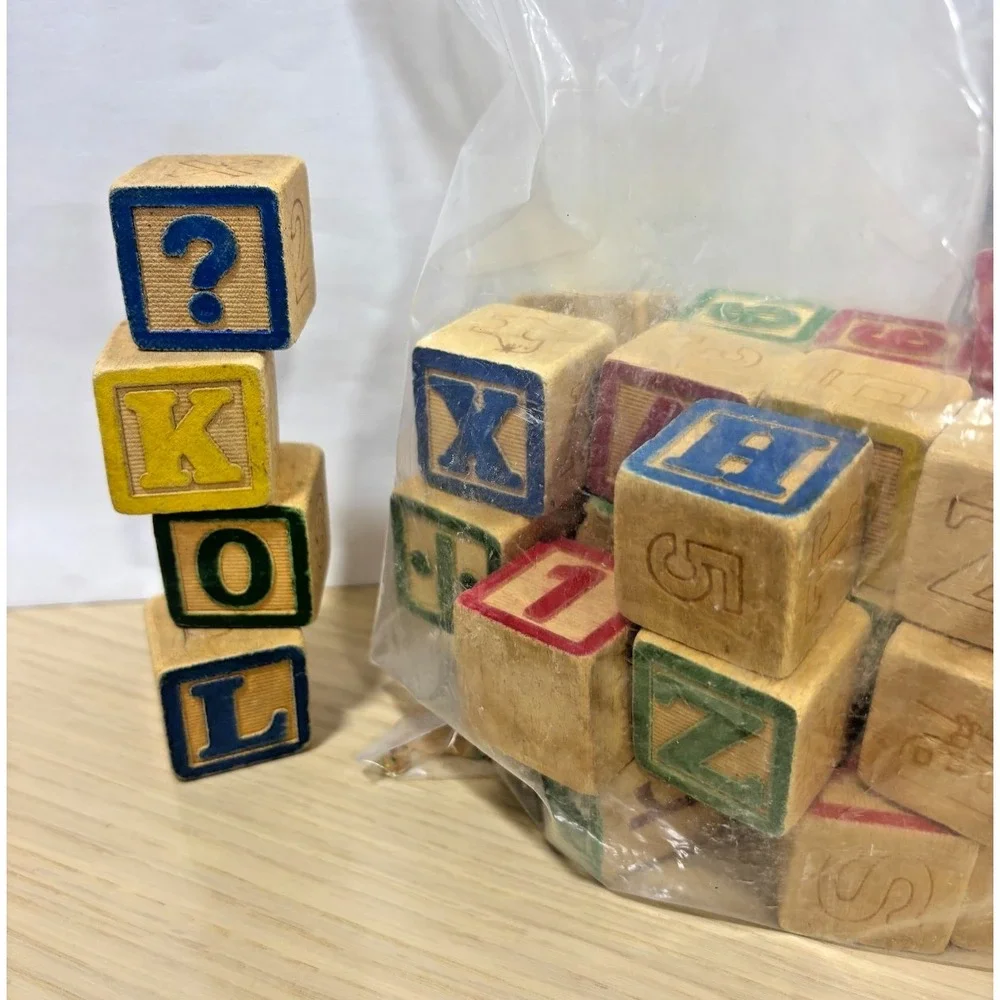 Vintage Wooden Alphabet Blocks Lot 36 Pieces ABC Number Learning Cubes Toy